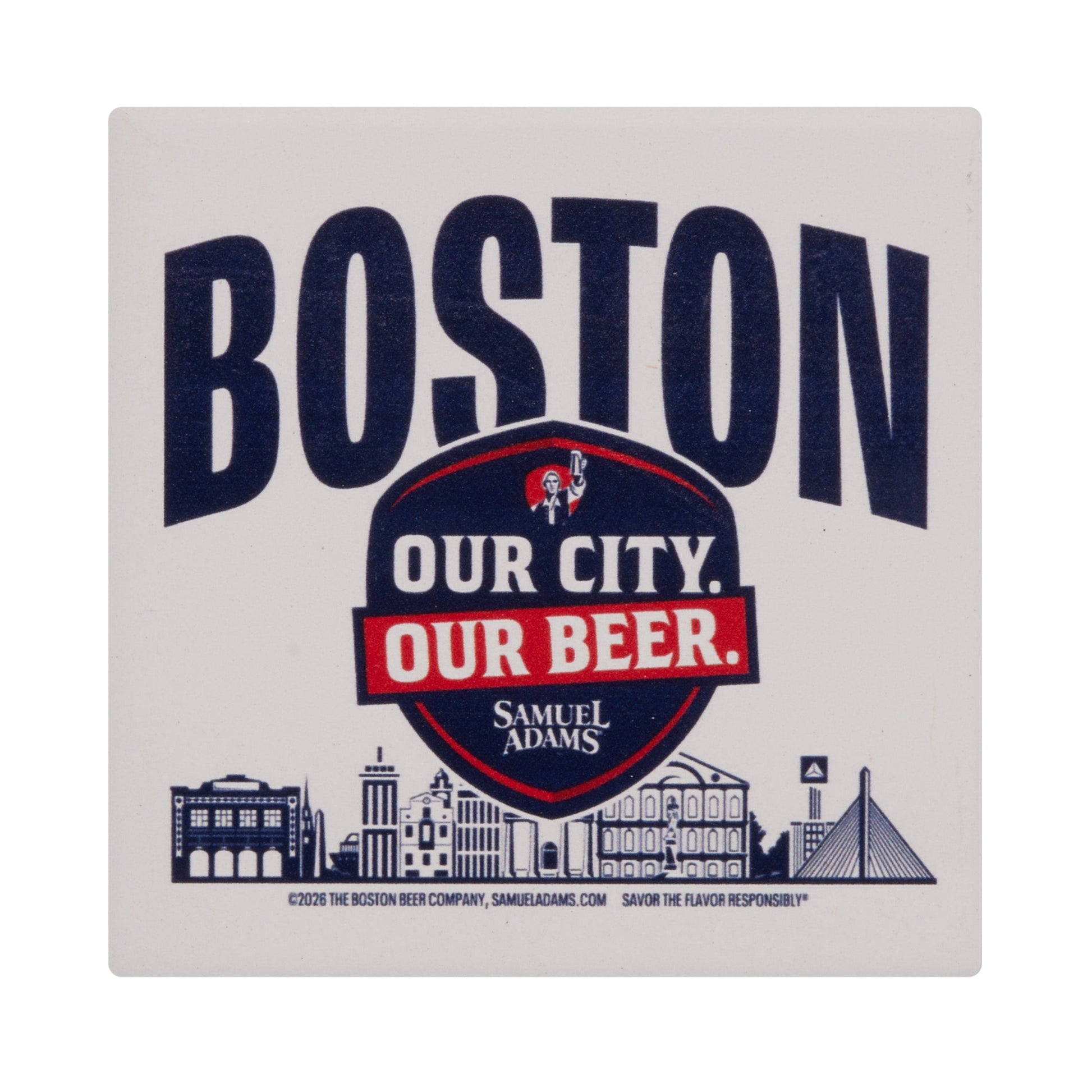Boston coaster featuring “Boston Our City Our Beer” design with Samuel Adams branding and illustrated Boston skyline, square drink coaster on white background.