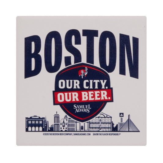 Boston coaster featuring “Boston Our City Our Beer” design with Samuel Adams branding and illustrated Boston skyline, square drink coaster on white background.