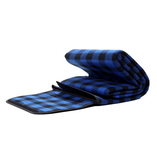This blue plaid blanket has an area that holds the Velcro to close the blanket up has the writing "Hudson Valley, NY" and under it "Angry Orchard Hard Cider". 