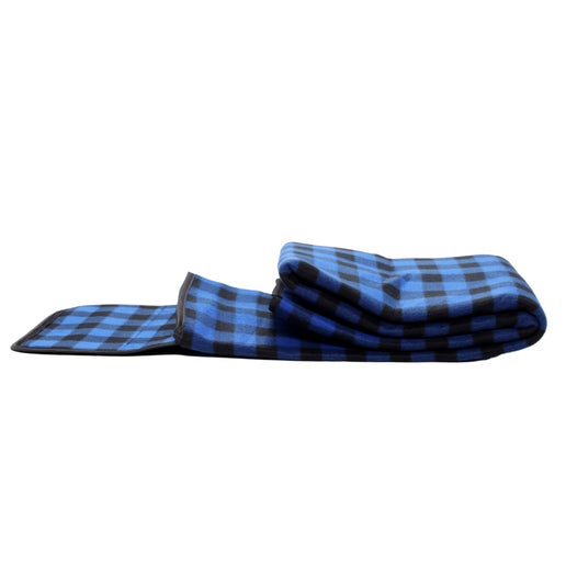 This blue plaid blanket has an area that holds the Velcro to close the blanket up has the writing "Hudson Valley, NY" and under it "Angry Orchard Hard Cider". 