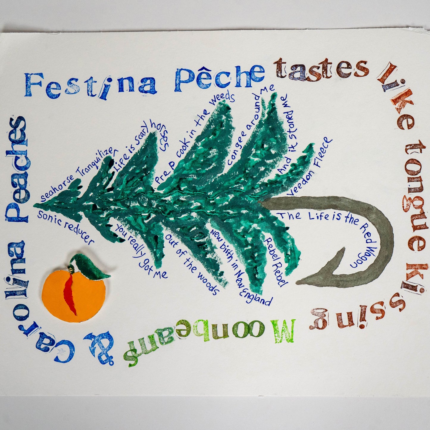 Festina Peche hand-pulled screen print poster featuring a stylized green tree, peach illustration, and circular typography reading song lyrics