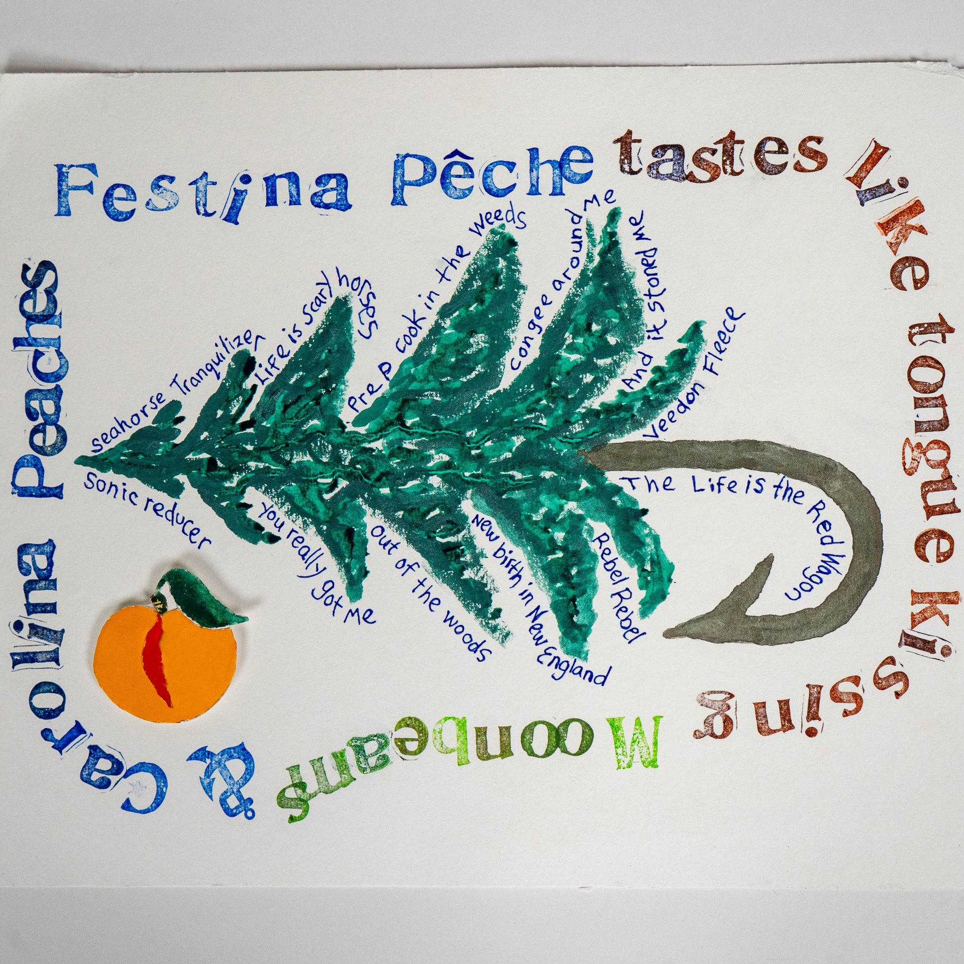 Festina Peche hand-pulled screen print poster featuring a stylized green tree, peach illustration, and circular typography reading song lyrics