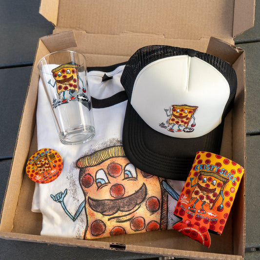 The Crispy Slice Merch Bundle from GO WEST T-SHIRT COMPANY includes a t-shirt, glass, hat, pin, and drink koozie—each featuring a cartoon pizza slice with arms, legs, mustache, sunglasses, and "Krispy Slice" on the koozie.
