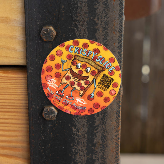 Dogfish Head x Crispy Pizza magnet with cartoon pepperoni pizza slice character on orange background 