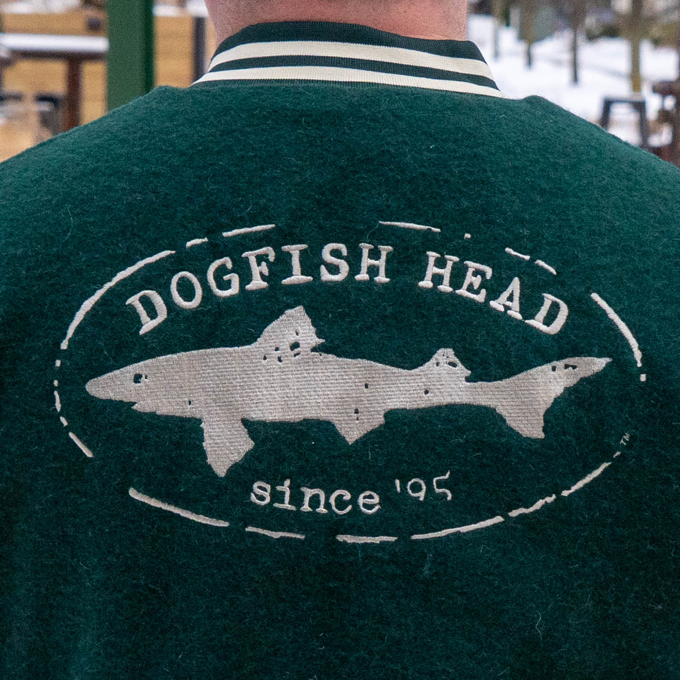 The Varsity Jacket 2 by Bottoms Up features a green back with a white shark outline and "DOGFISH HEAD since 95" printed inside an oval.
