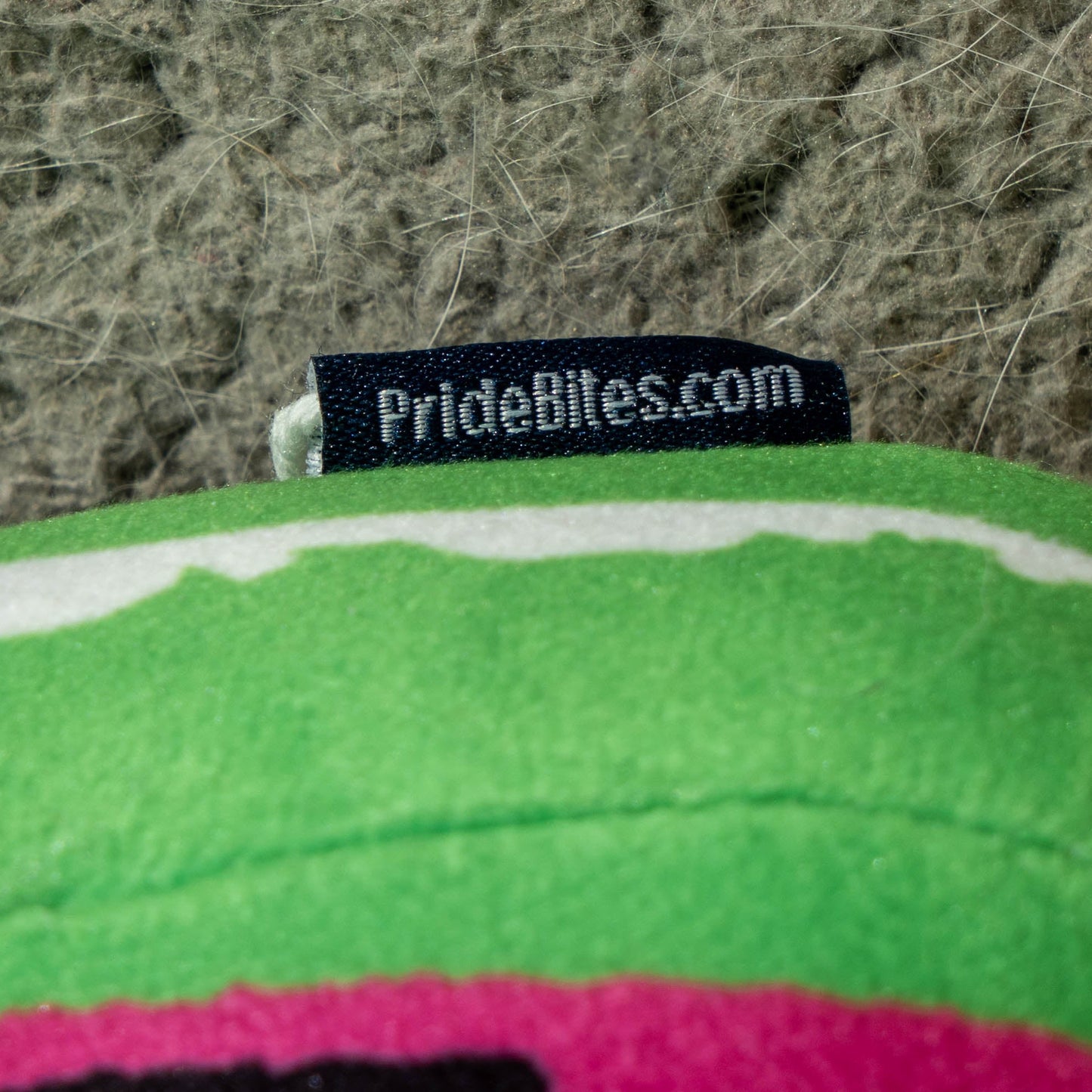 Close up of PrideBites.com tag on Dogfish Head Core Logo Plush Dog toy 