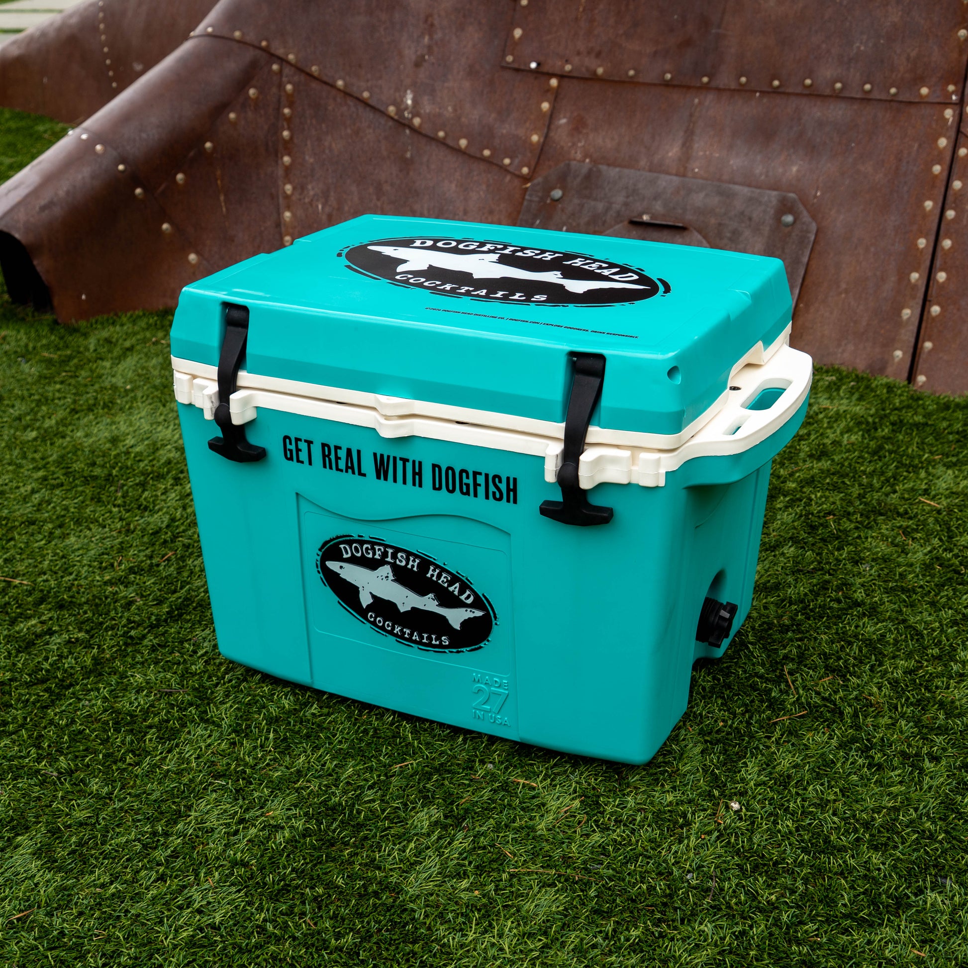 Turquoise cooler with Dogfish Head branding on a grassy background