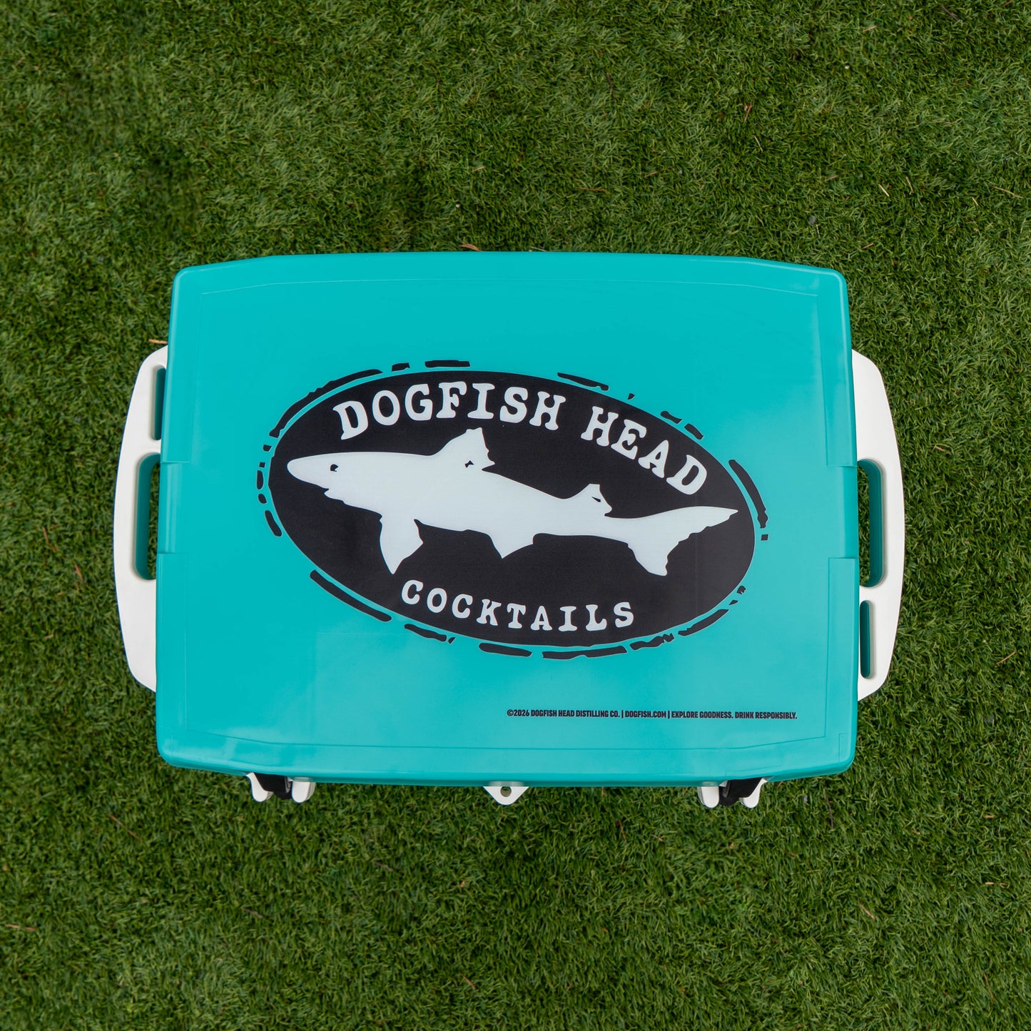 Turquoise cooler with Dogfish Head Cocktails logo on a grass background