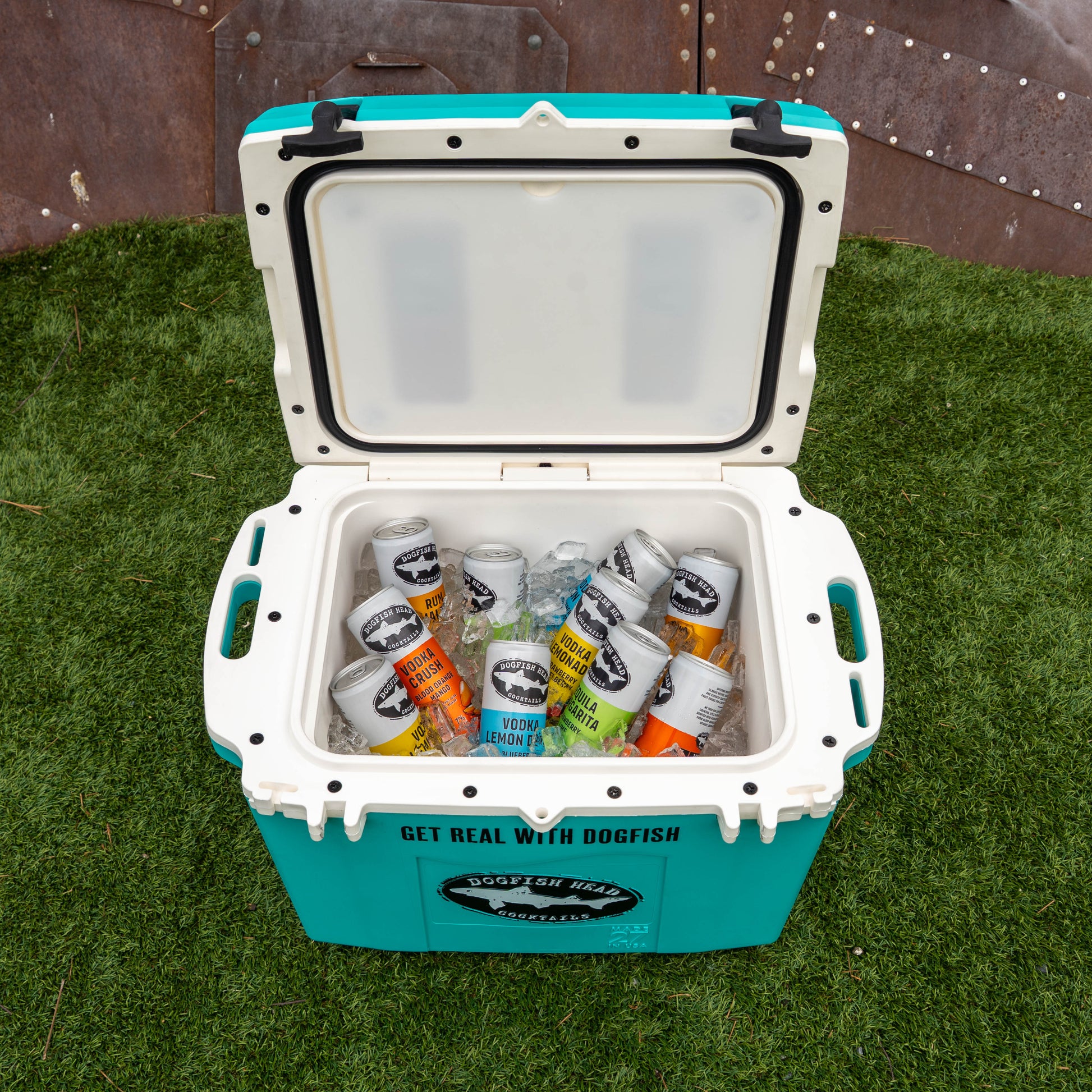 Turquoise and white cooler with Dogfish Head beer cans on a grassy surface