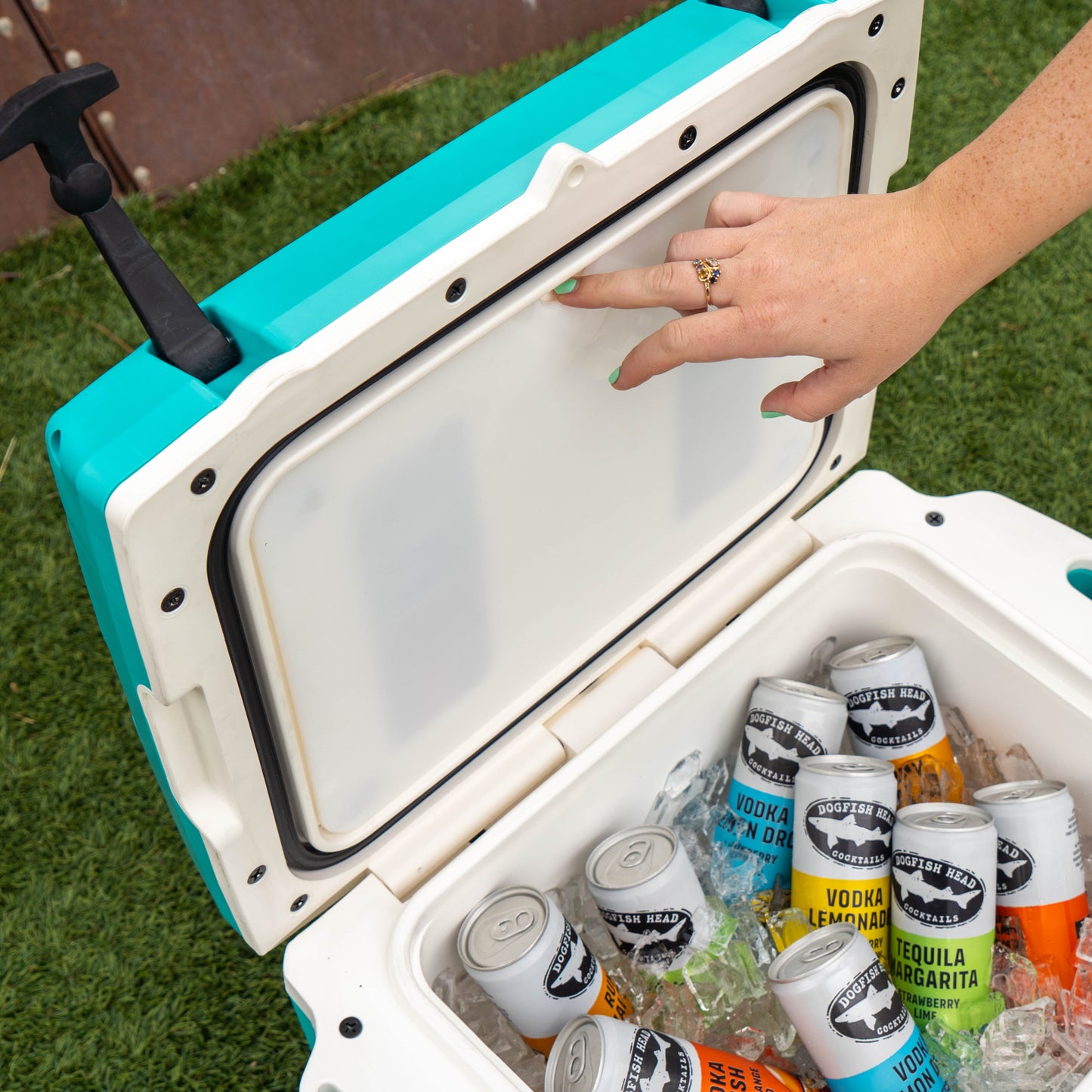 Open cooler with drinks on grass