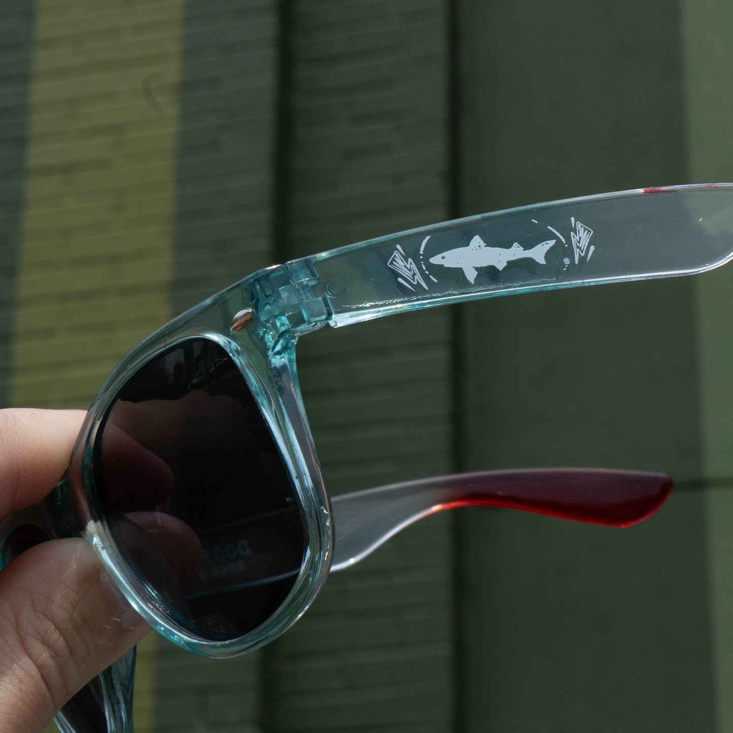 A hand holds Merchtank's Drink Summer Louder Festival Kit sunglasses with a shark and wave design—summer essentials for every festival fan—set against a green brick wall backdrop.