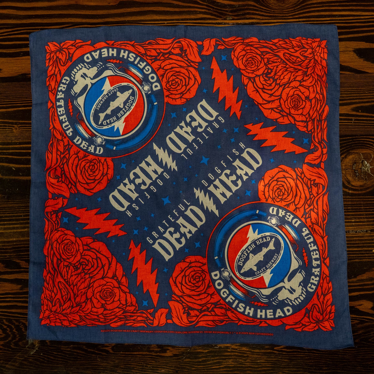 Dogfish Head x Grateful Dead Navy Bandana with scarlet begonia red accents and designs.