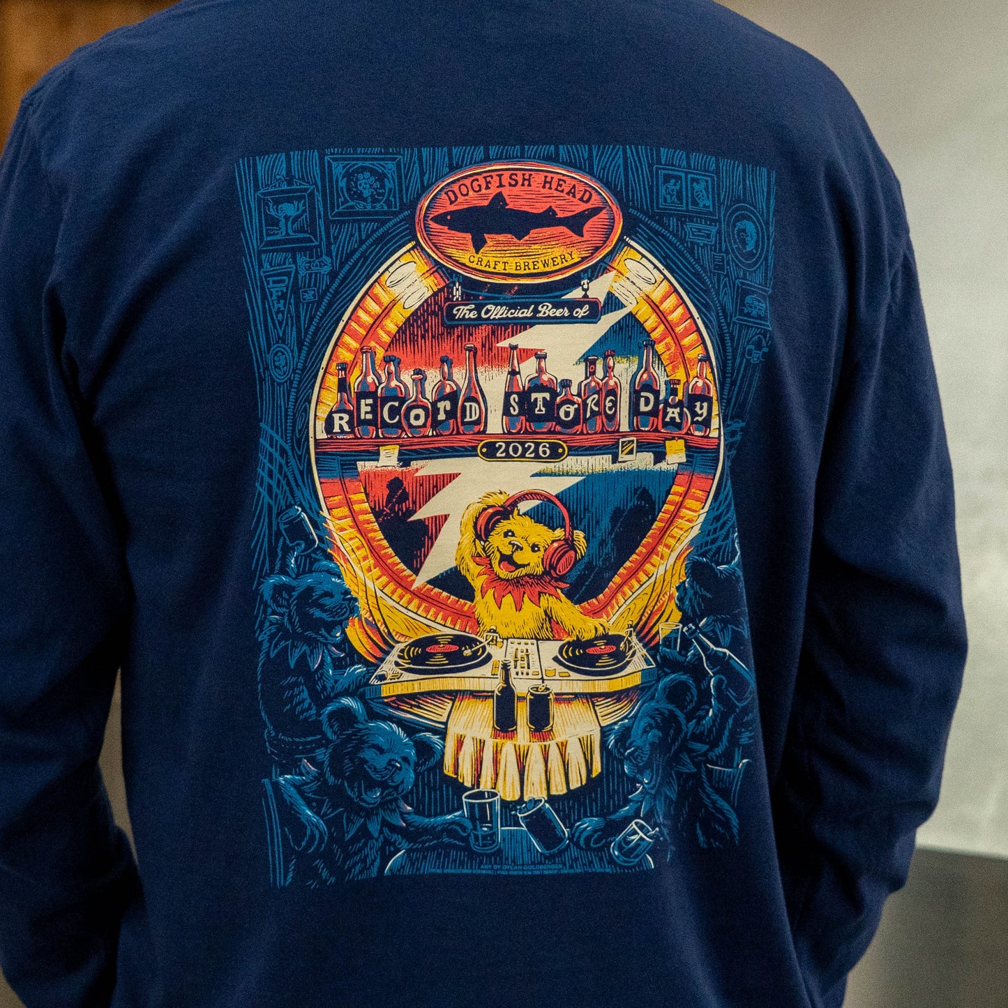  Dogfish Head x Grateful Dead RSD long sleeve tee highlighting vibrant back print with vinyl records and Grateful Dead bear.