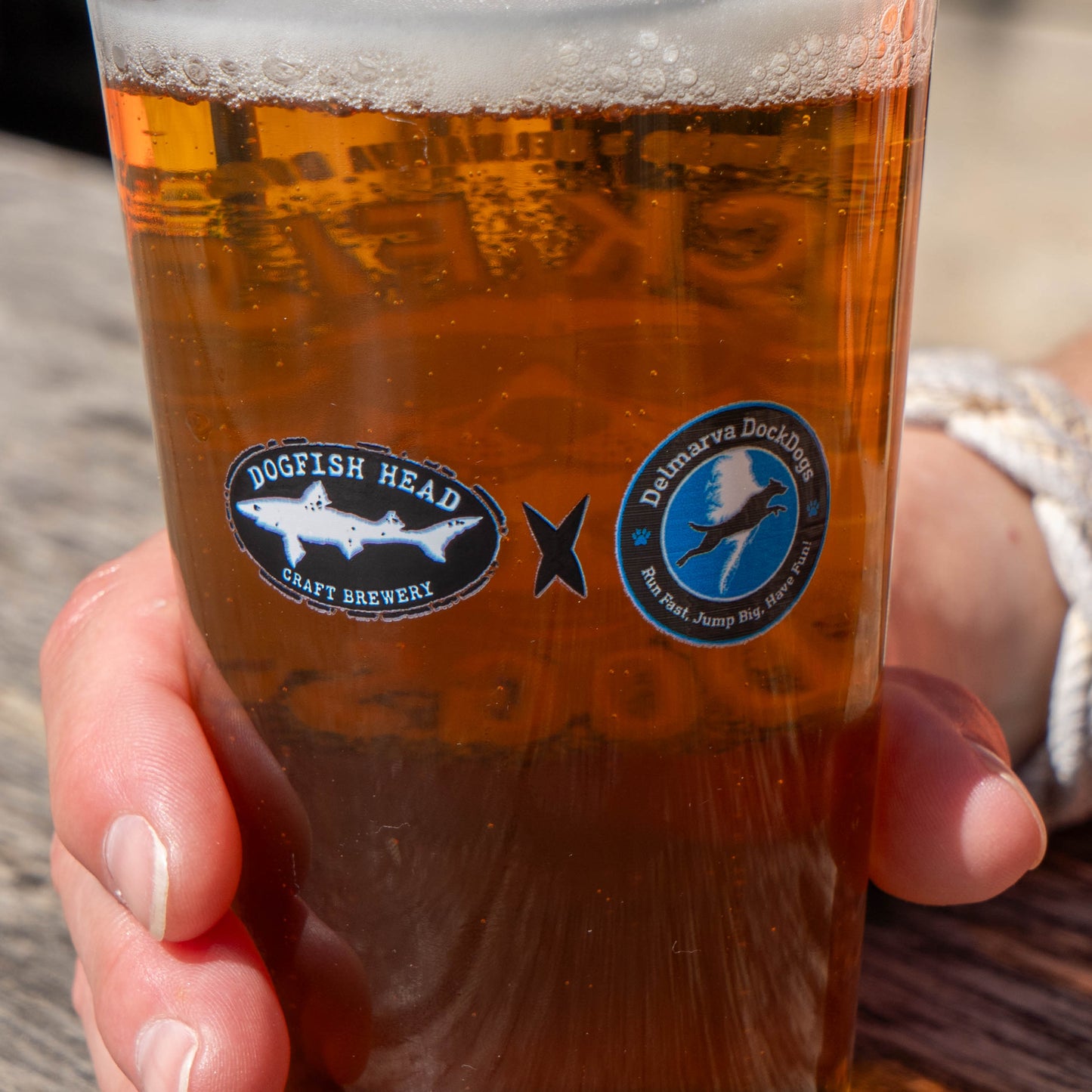 Classic black Dogfish Head logo and a Delmarva DockDogs logo on a pint glass filled with beer