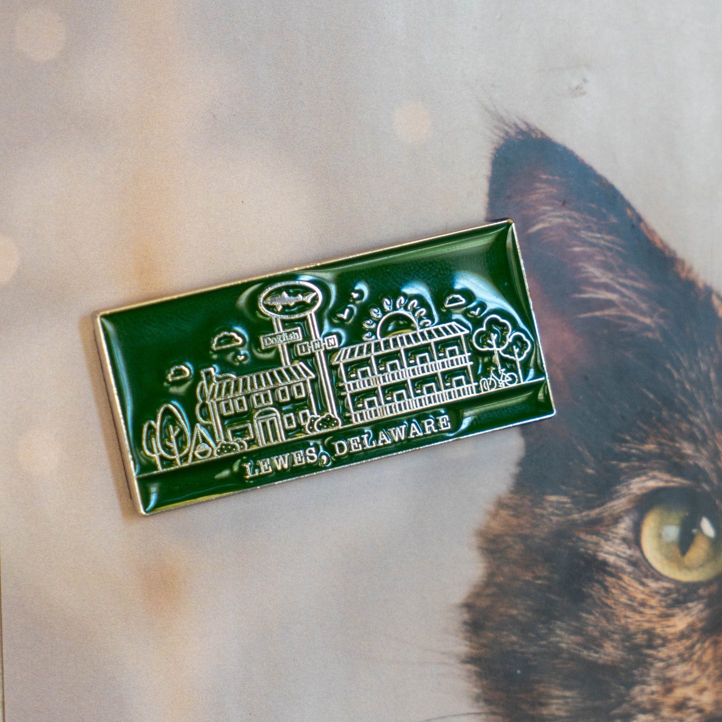 An Enamel Inn Magnet by Arrasmith Promotions LLC, featuring a green design with white building outlines and "Lewes, Delaware," sits on a surface with part of a cat’s face visible in the background.