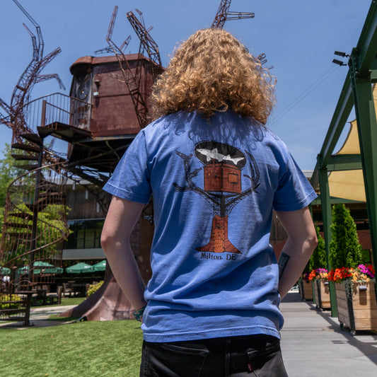 A person with curly hair wears a GO WEST T-SHIRT COMPANY FLO Blue Treehouse Short Sleeve Tee Shirt outdoors, facing a large metal sculpture and building, surrounded by greenery and flowers on a sunny day.