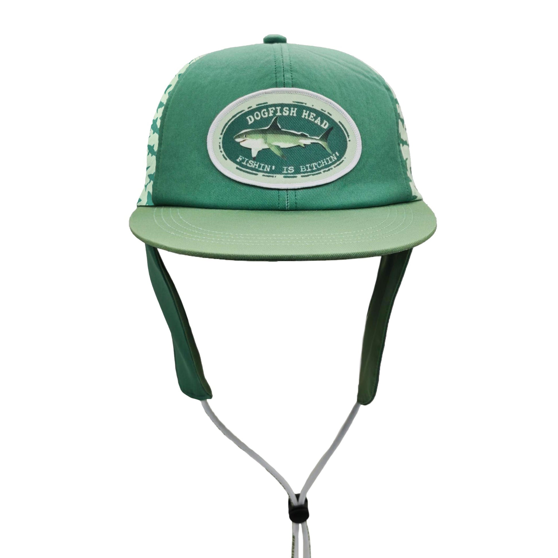 A green fishing cap with a flat brim, chin strap, and a circular 'Dogfish Head Fishin is Bitchin' patch on the front, shown against a plain white background.