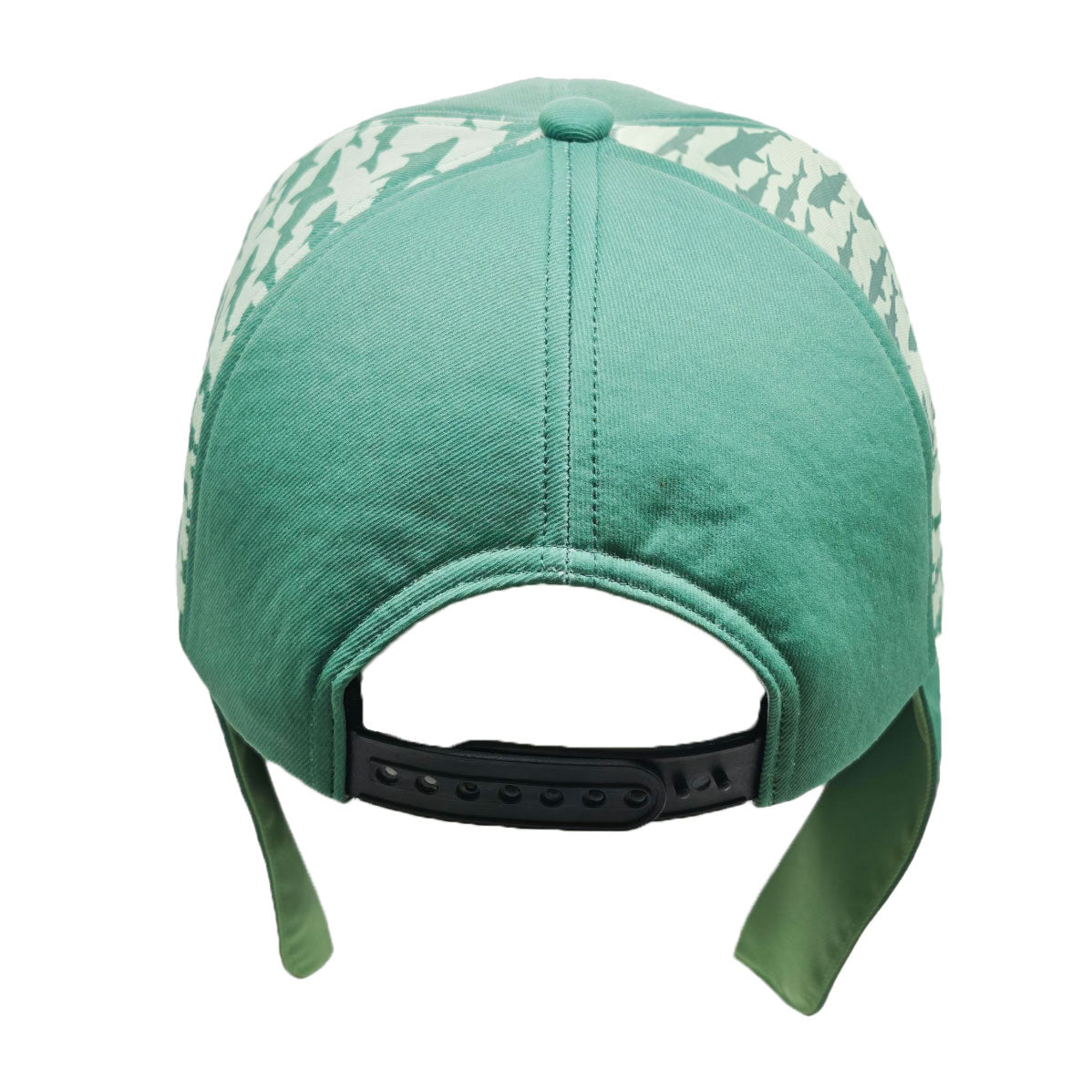 A green baseball cap viewed from the back, featuring a black plastic snapback closure and matching green fabric ear flaps, set against a plain white background.