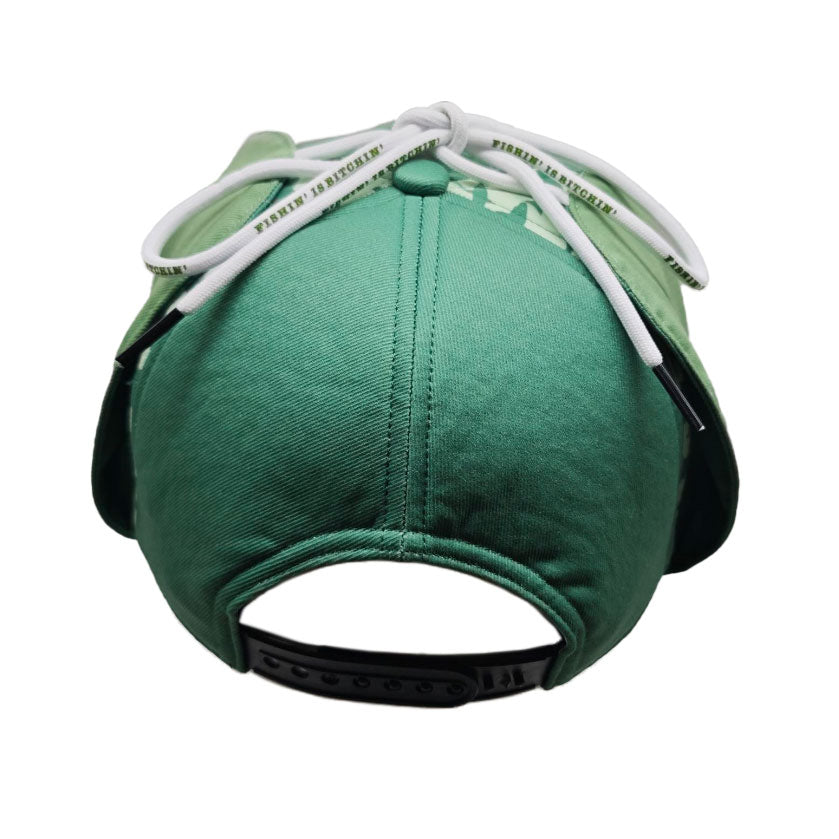 A green baseball cap viewed from the back, featuring a white drawstring with green text reading 'Fishin is Bitchin' and a black adjustable strap.
