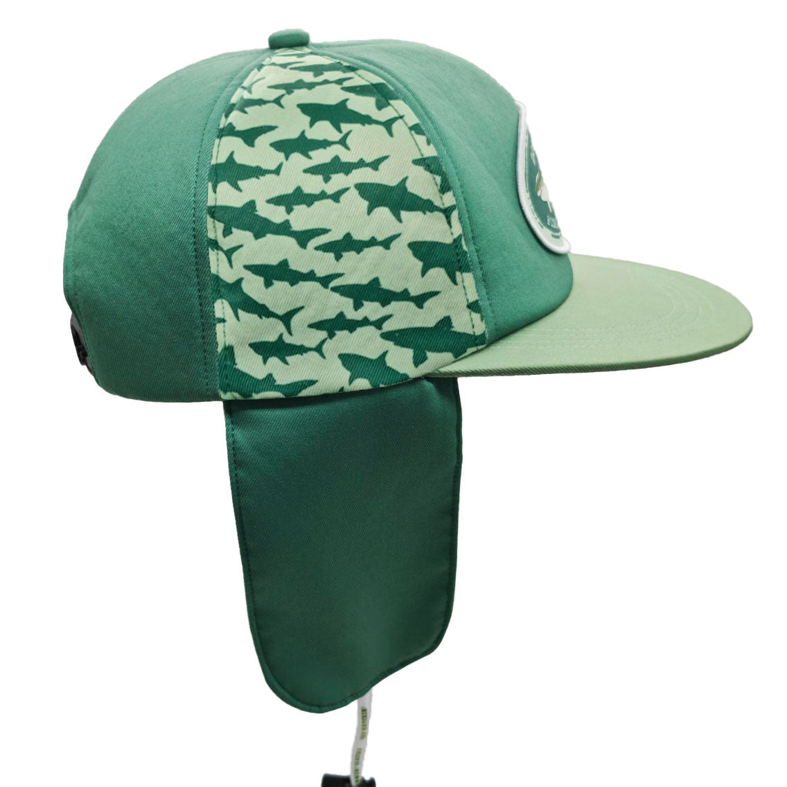 A green sun hat with a shark-patterned front panel, a matching green brim, and a green ear flap, shown on a white background.