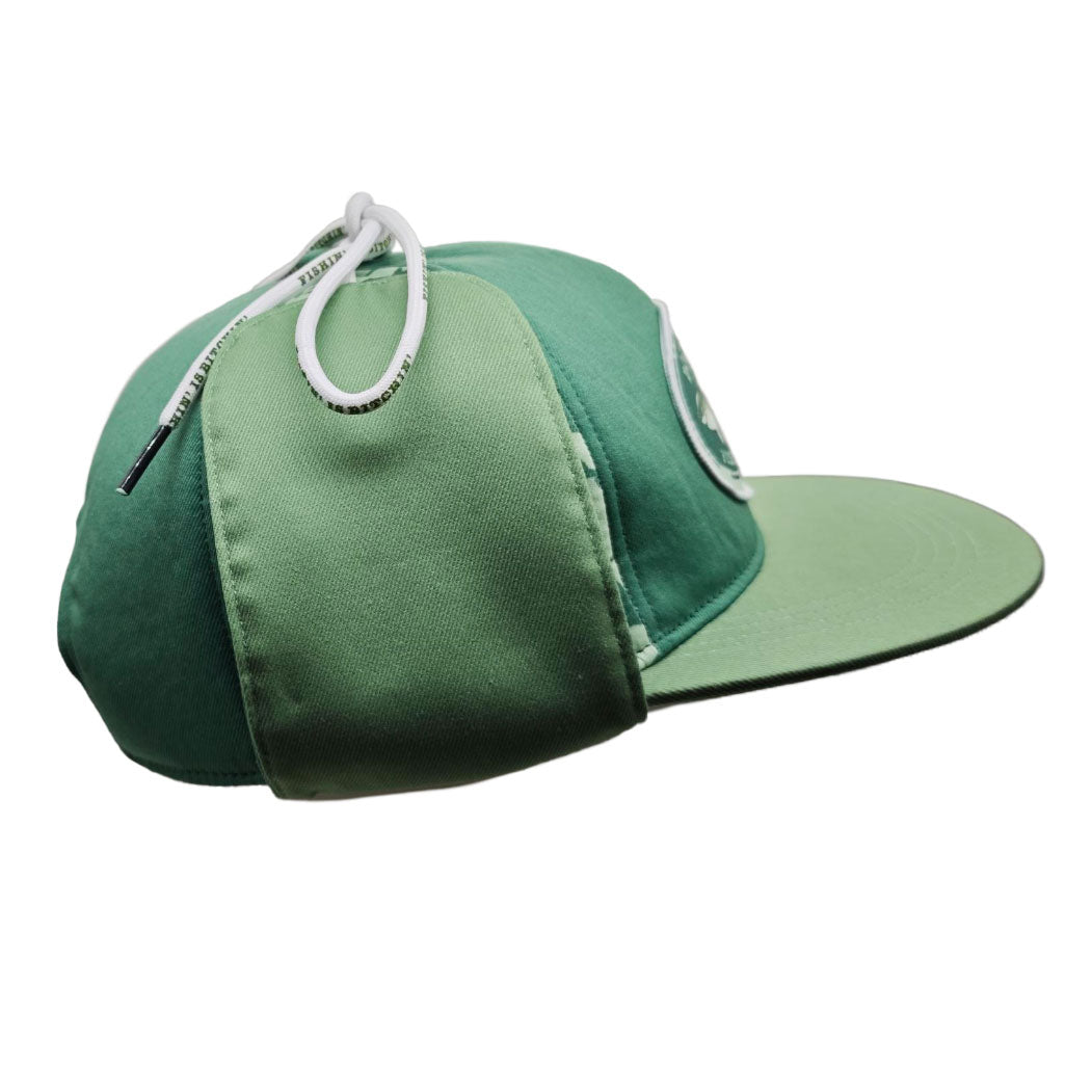 A green flat-brim cap with a white drawstring and a white circular logo patch on the side, shown against a plain white background.