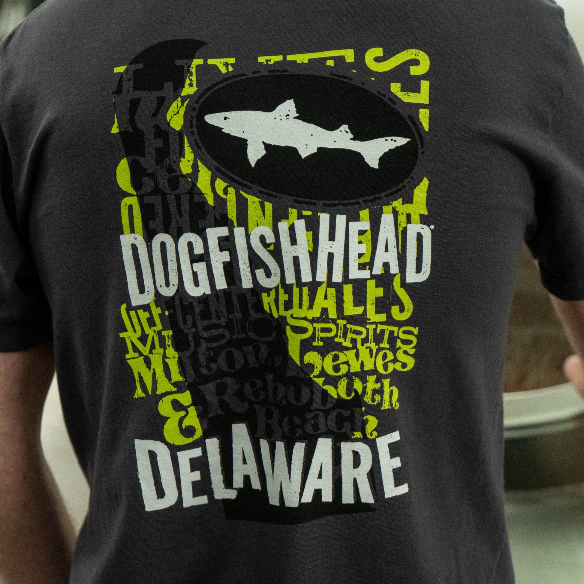Close-up of the back graphic on the graphite Dogfish Head Delaware T‑shirt with layered text and shark imagery.