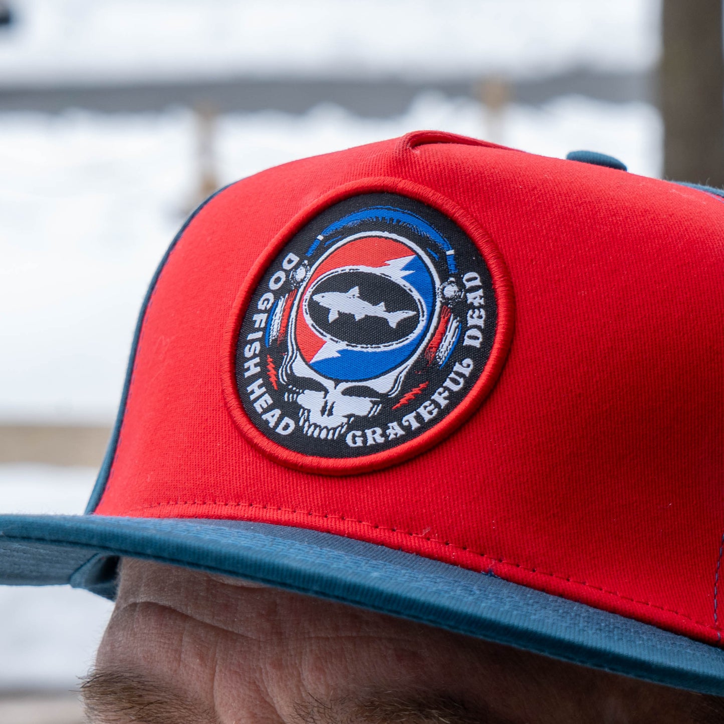 Close up of Dogfish Head x Grateful Dead logo in red, white and blue 