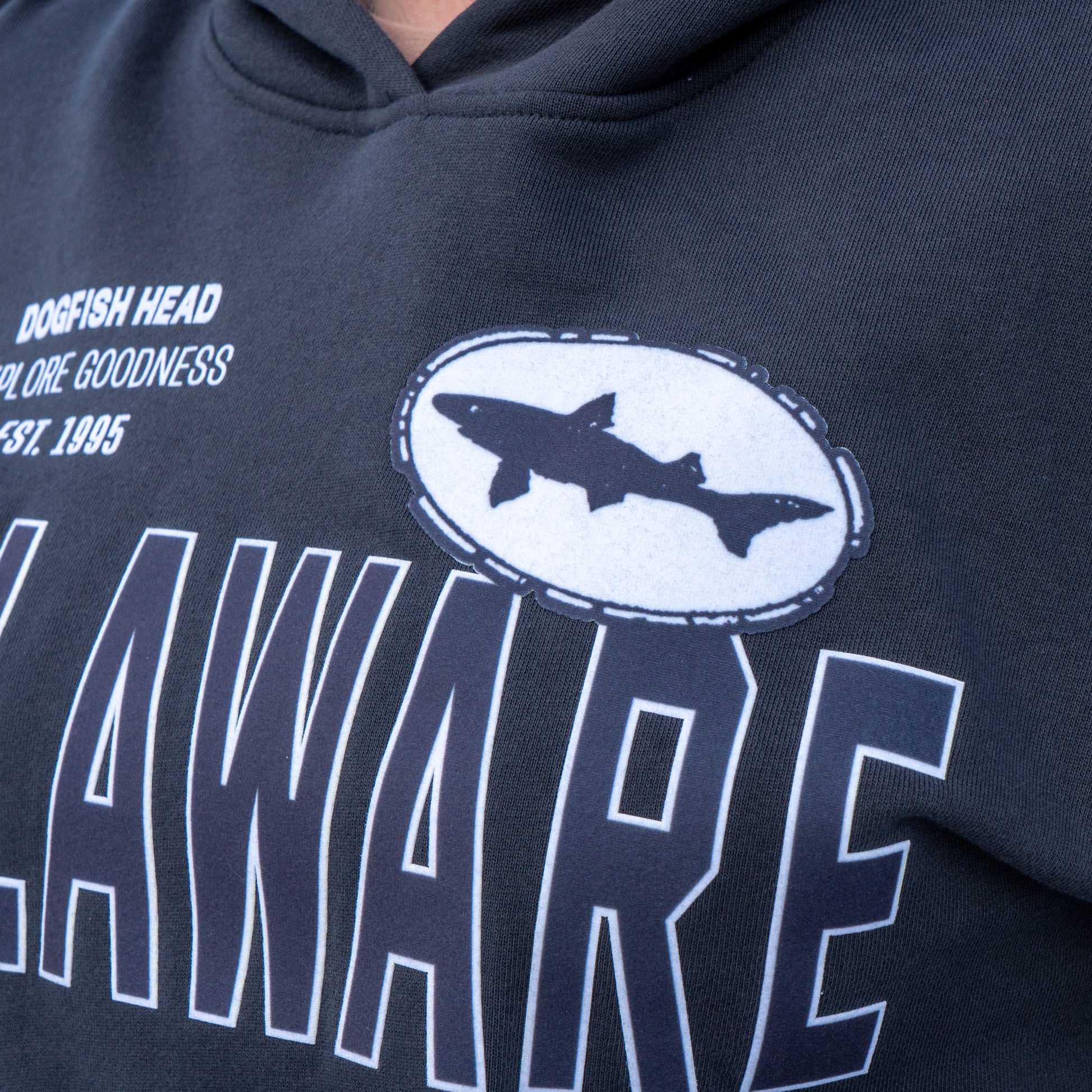 Close up of white and navy dogfish head logo on the right chest of the onyx delaware hoodie. 