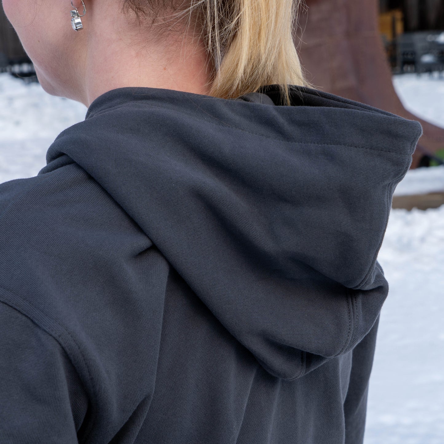 Close up of the hood on the onyx delaware hoodie 