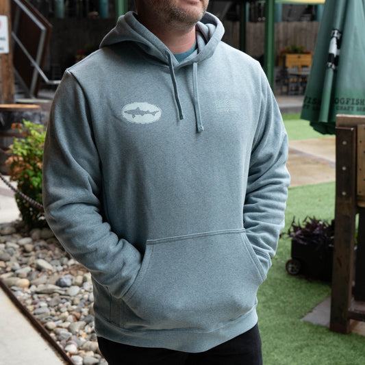Patagonia M Grey Strataspire Uprisal Hoody front view with Dogfish Head logo, featuring soft recycled fleece, drawstring hood, and kangaroo pocket