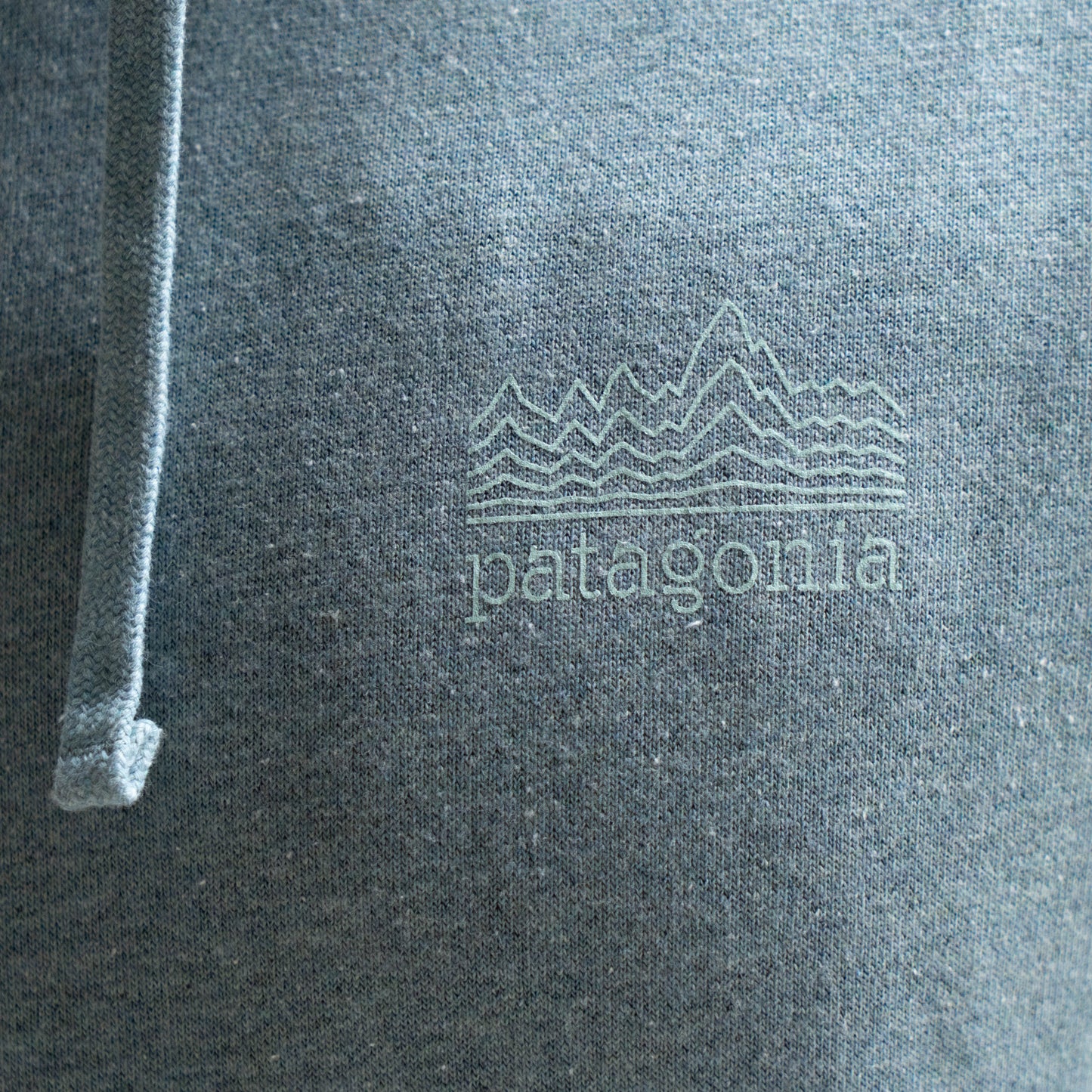 Close-up of Patagonia logo on grey heather hoodie with subtle mountain graphic print