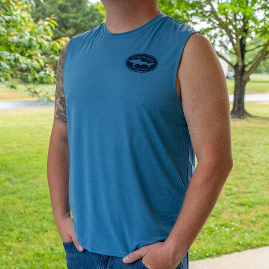 Black Dogfish Head logo graphic on Patagonia blue sleeveless performance tank
