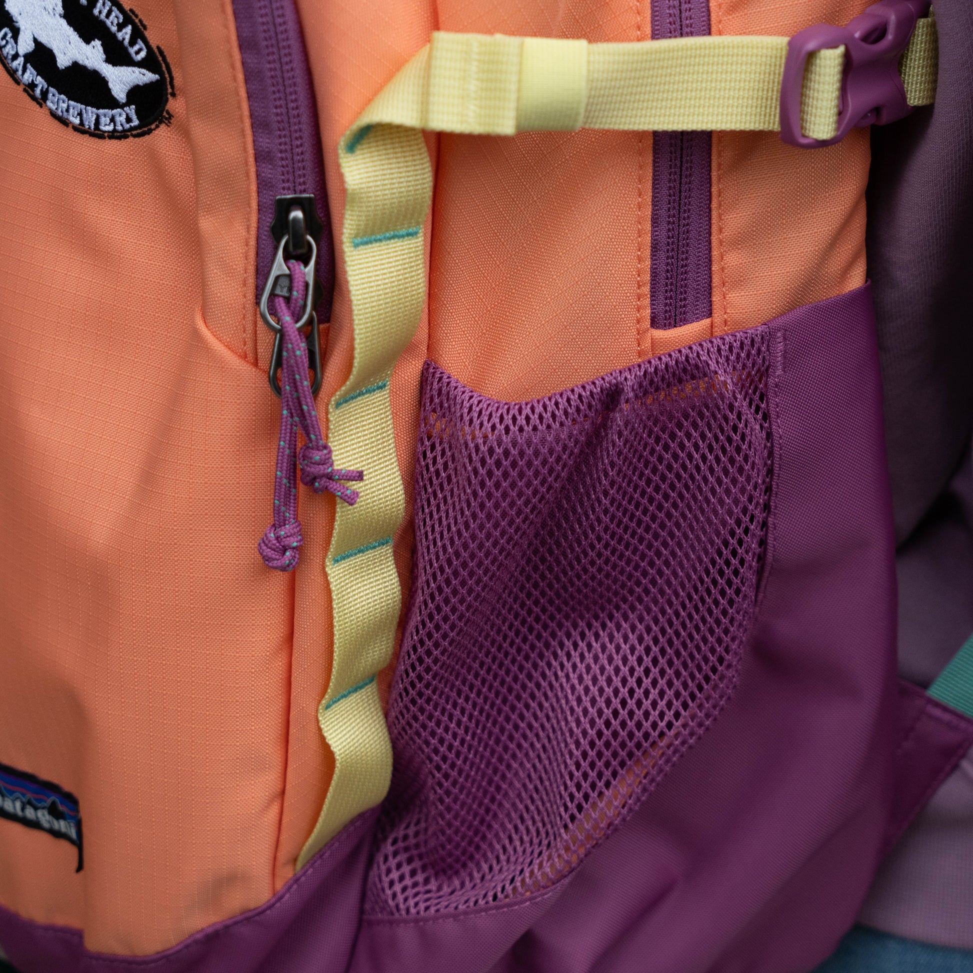 Patagonia Refugio 26L backpack close-up showing zippered compartment, mesh side water bottle pocket, and durable ripstop fabric in coral and purple