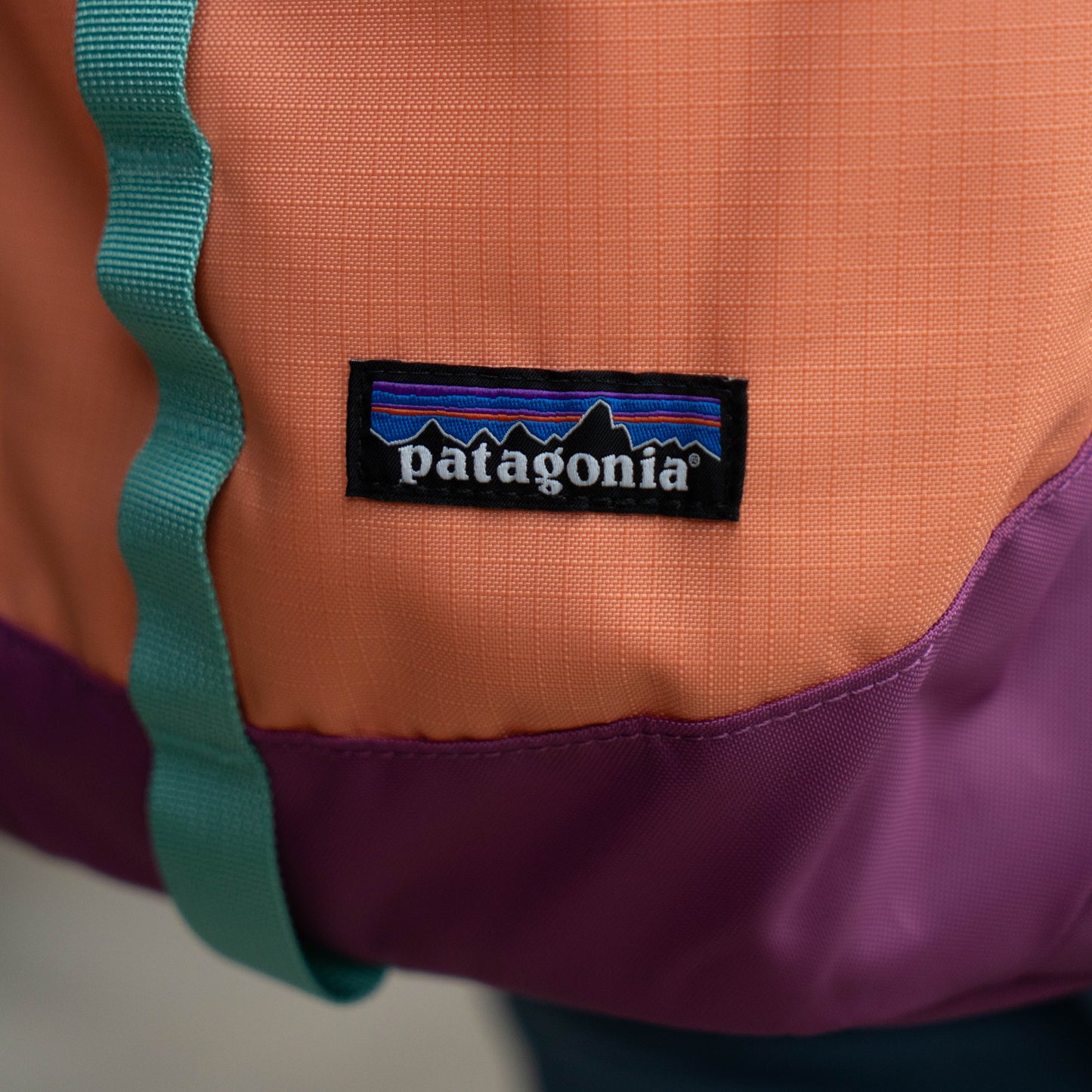 Close-up of Patagonia logo patch on Refugio 26L backpack featuring rugged ripstop fabric and colorblock design for hiking and daily carry