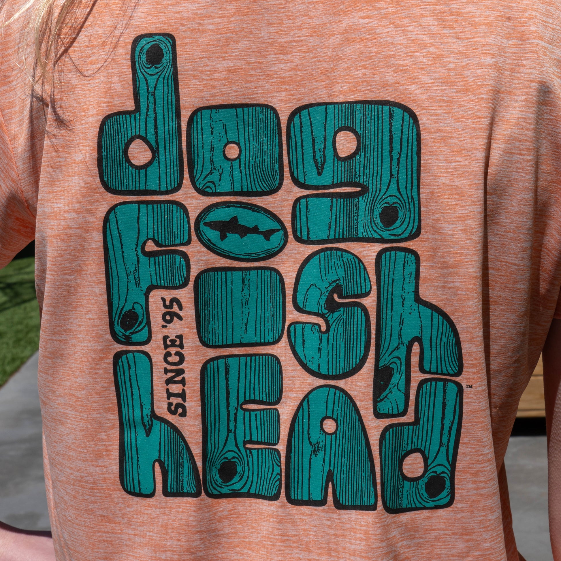 Detailed Dogfish Head graphic on peach Patagonia Cap Cool Daily t-shirt, blue-green wood-textured lettering 