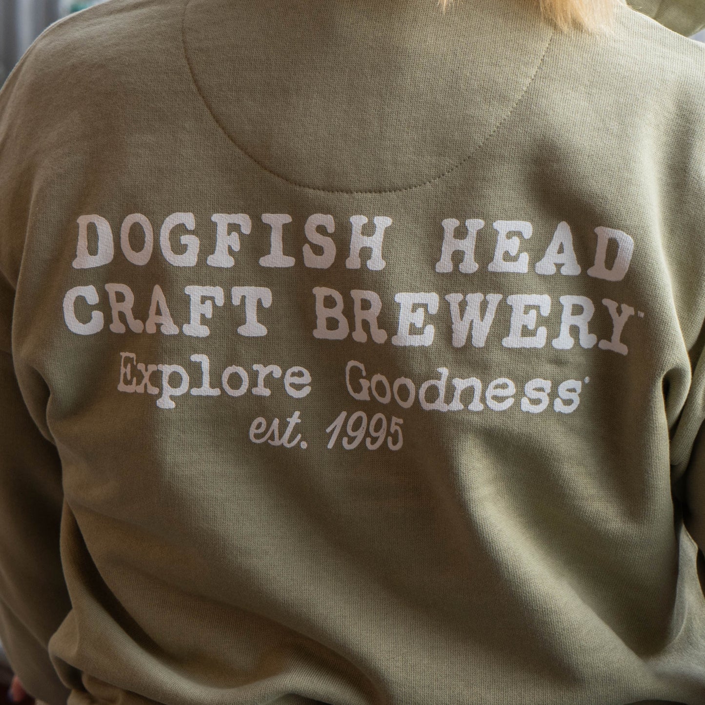 Close up of backside of Mineral quarter zip pullover sweatshirt with "Dogfish Head Craft Brewery, Explore Goodness, est. 1995" designed in white text.