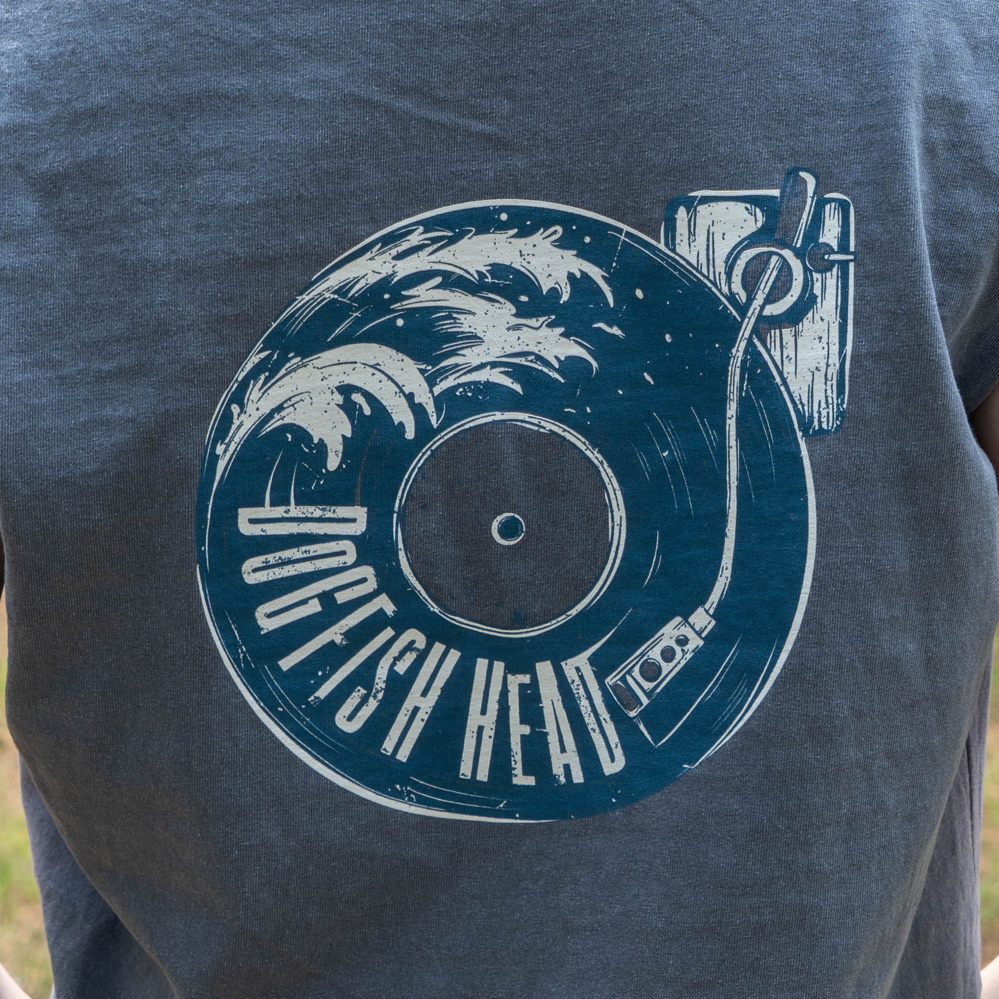 Gray t-shirt with a vinyl record design and 'Dogfish Head' text on the back.