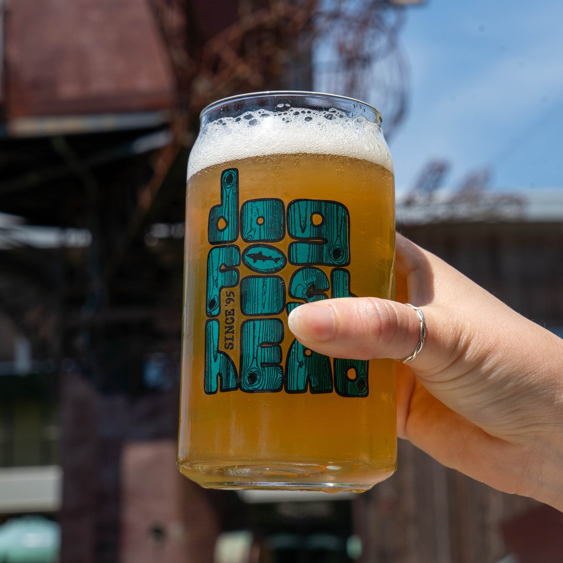 Hand holding beer in can glass with a dogfish head logo styled in teal and wood grain