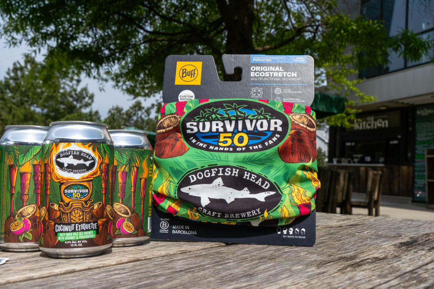 Survivor 50 x Dogfish Head green buff and a Dogfish Head Survivor 50 Coconut Etiquette hazy india pale ale can 