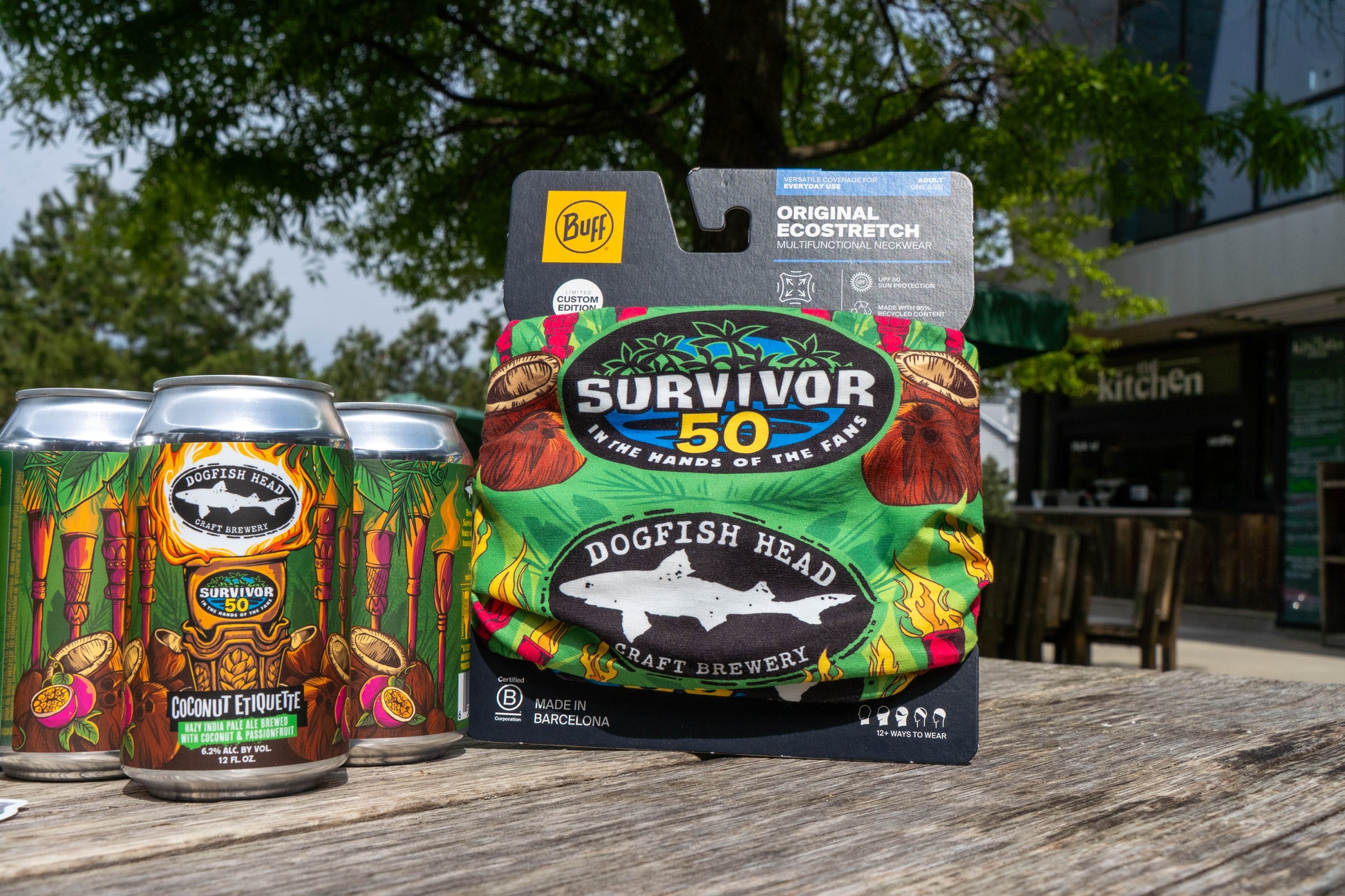 Survivor 50 x Dogfish Head green buff and a Dogfish Head Survivor 50 Coconut Etiquette hazy india pale ale can 