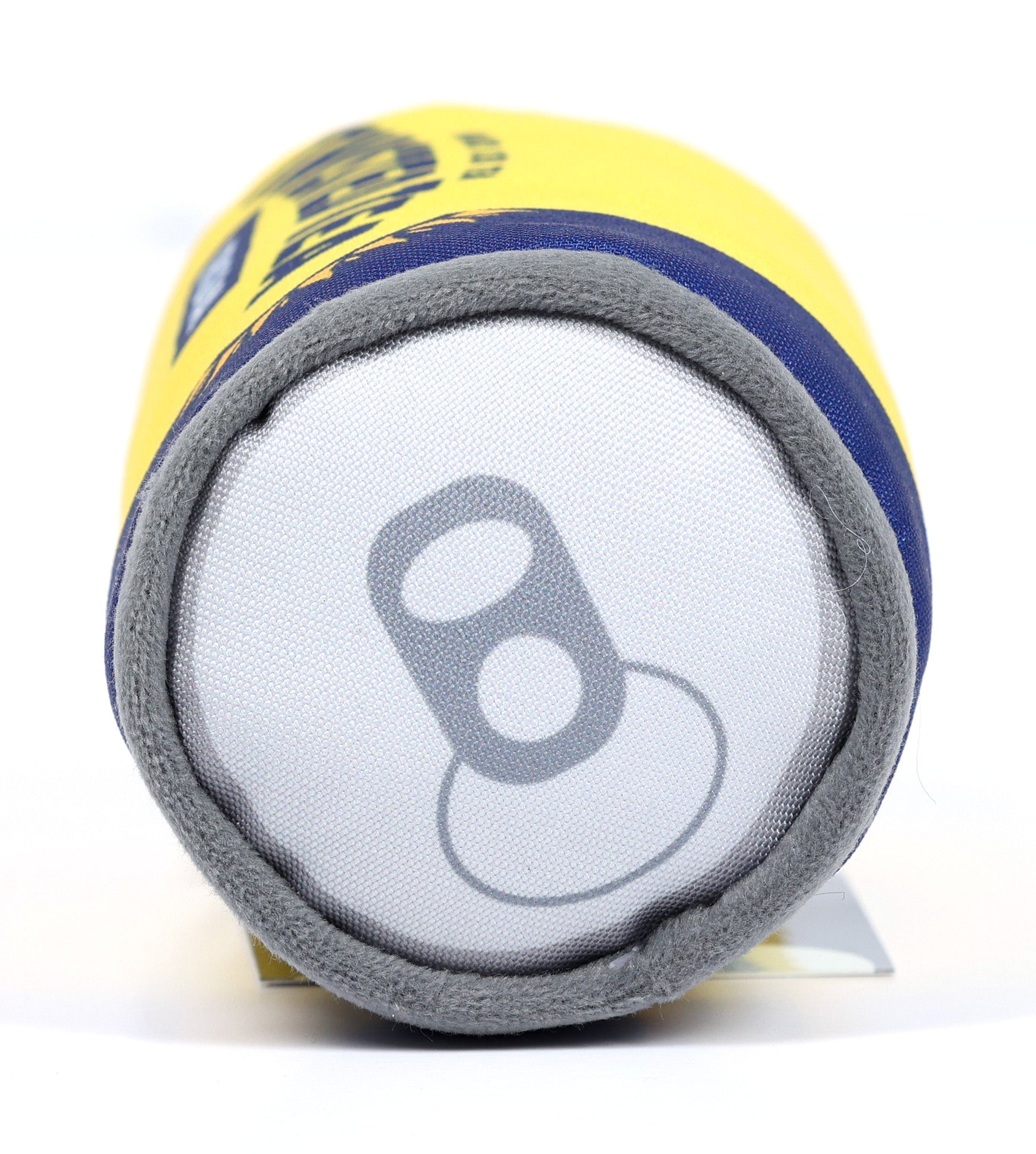 Close-up of a can with a gray label on a white background