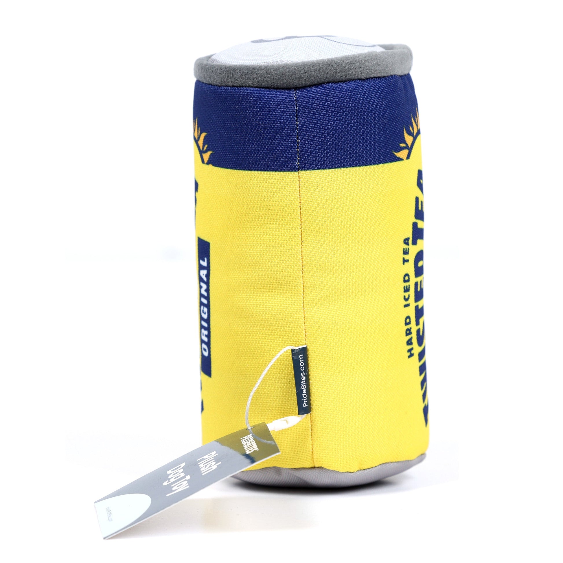 Yellow and blue can cooler with a label on a white background