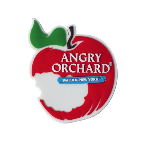The magnet is the iconic Angry Orchard bitten red apple with writing "Angry Orchard" in white, and "Walden, New York" written under it on a blue background.