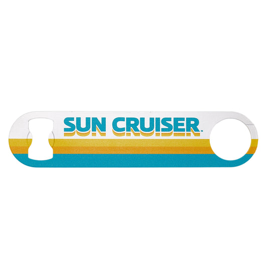 Sun Cruiser paddle opener in classic font and Sun Cruiser teal, orange, and yellow