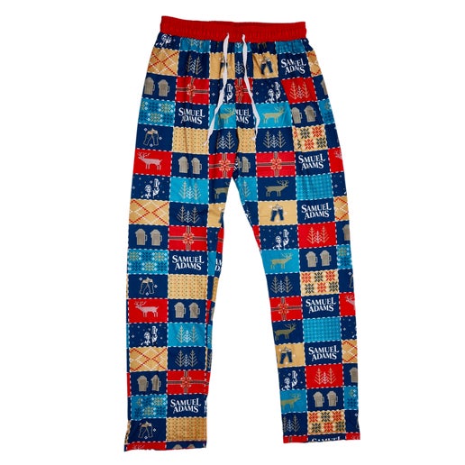 Pajama pants with a repeating square pattern with artwork featuring the Sam Adams logo, beer steins, deer, trees, and other holiday themed prints. Pattern is angry orchard blue, samuel adams navy, firetruck red, and tan.