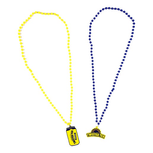 Two beaded necklaces displayed side-by-side; the one on the left has yellow beads and a yellow pendant shaped like a Twisted Tea can, while the one on the right has blue beads and a yellow pendant shaped like the Twisted Tea logo with a sunburst.