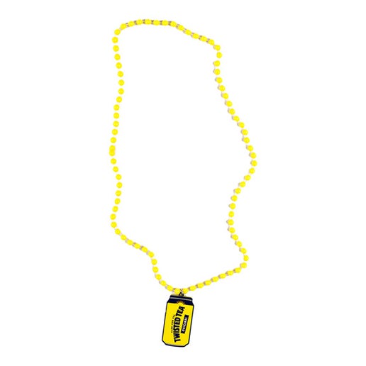A single necklace with bright yellow beads, featuring a yellow pendant shaped like a Twisted Tea can with black and red text, presented against a white background.