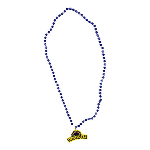 A single necklace with dark blue beads, featuring a yellow Twisted Tea logo pendant shaped with a sunburst and the words "TWISTED TEA", presented against a white background.
