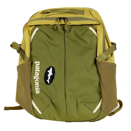 A Patagonia Olive Refugio Day Pack 26L made from recycled polyester, featuring two side pockets, white diagonal accents, and a white fish logo above the brand name. The zipped laptop backpack is laid flat.