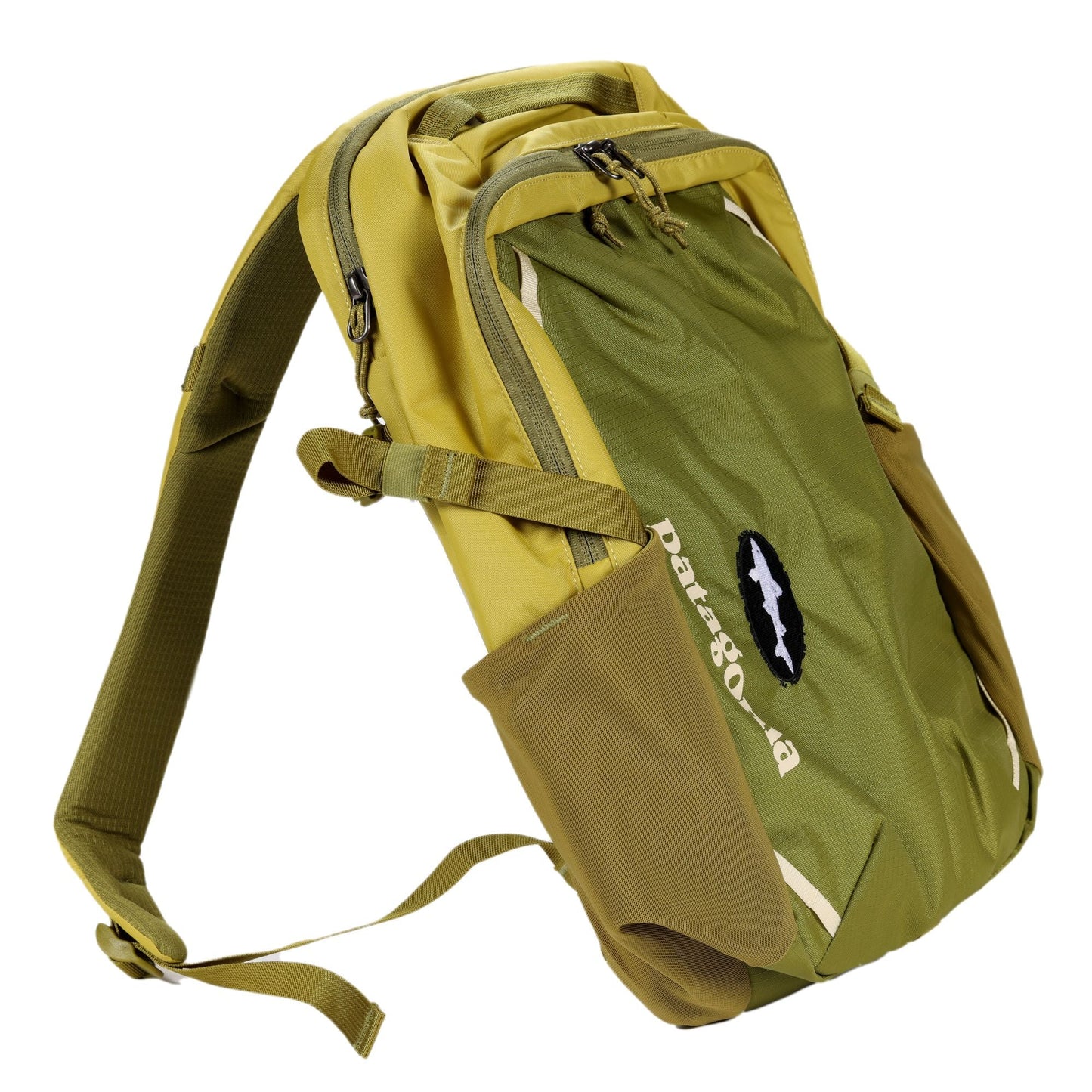The Patagonia Olive Refugio Day Pack 26L is made from recycled polyester and features multiple zippered compartments, adjustable straps, and a black-and-white logo patch. This laptop backpack stands upright against a white background.
